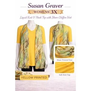 Susan Graver Womens 3X Liquid Knit V-Neck Top Sheer Chiffon Vest Yellow A233095